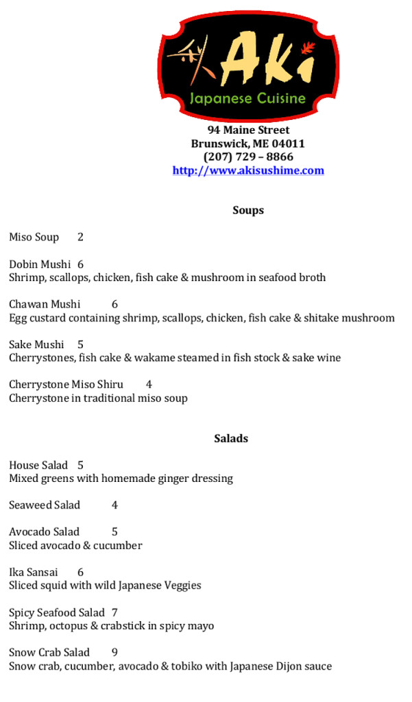 Aki Japanese Sushi Restaurant Brunswick Maine Menu pg1 Bath