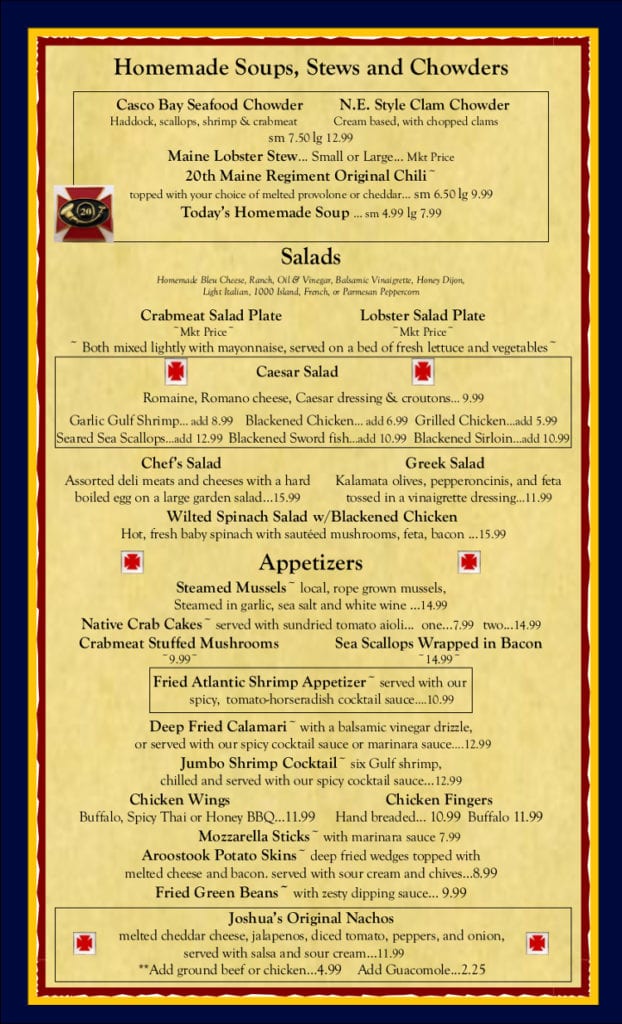Joshuas Tavern Brunswick Maine Menu pg1 Bath, Brunswick, Topsham
