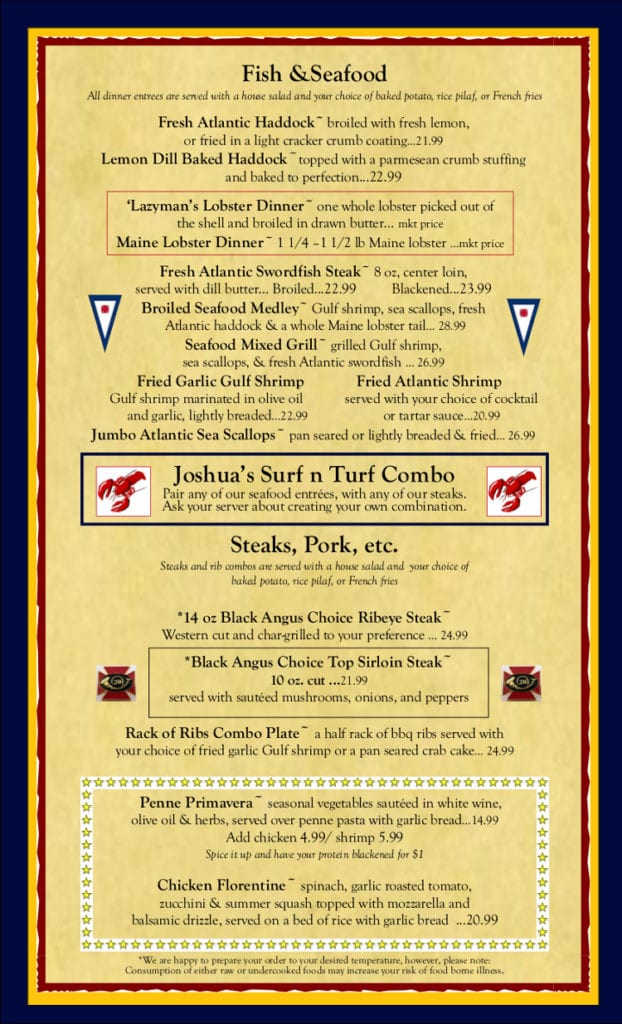 Joshuas Tavern Brunswick Maine Menu pg2 Bath, Brunswick, Topsham